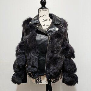 New Real Fox Fur Lamb Leather Jacket Blazer Dark Grey Charcoal Black No Mink